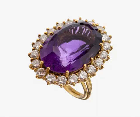 Bague améthyste-brillant en or 18 kt, or jaune 750/000, améthyste centrale taille escalier ovale