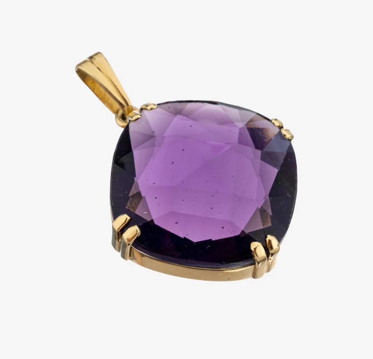 Pendentif améthyste or 18 kt, or jaune 750/1000, design épuré, améthyste coussin