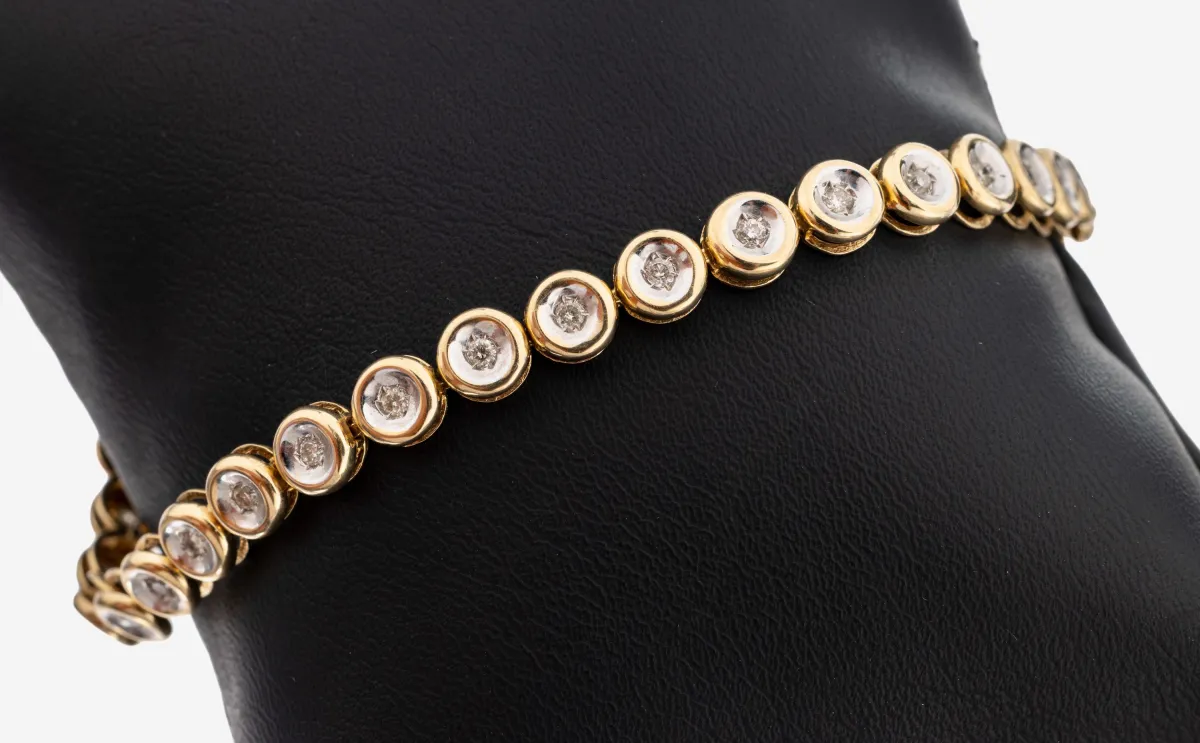 14 kt gold diamond bracelet, YG 585/000, 28 round links, centre rhodium-plated, 28 diamonds