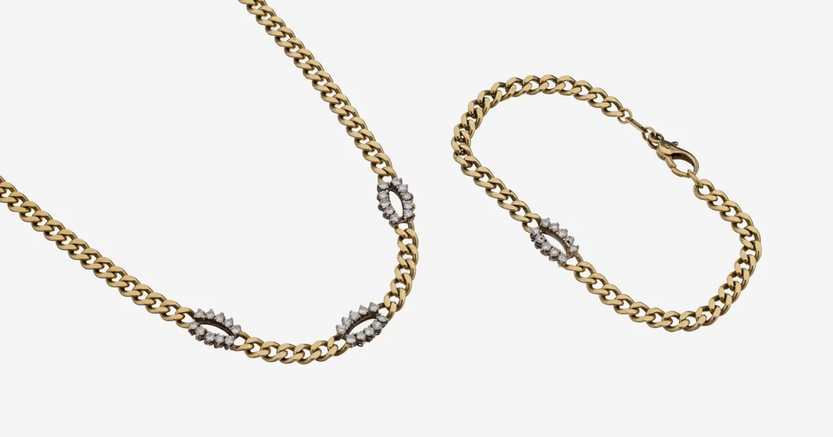 Parure de bijoux en or 14 ct avec diamants, or jaune/blanc 585/000, comprenant : collier, L. env. 43 cm, 3