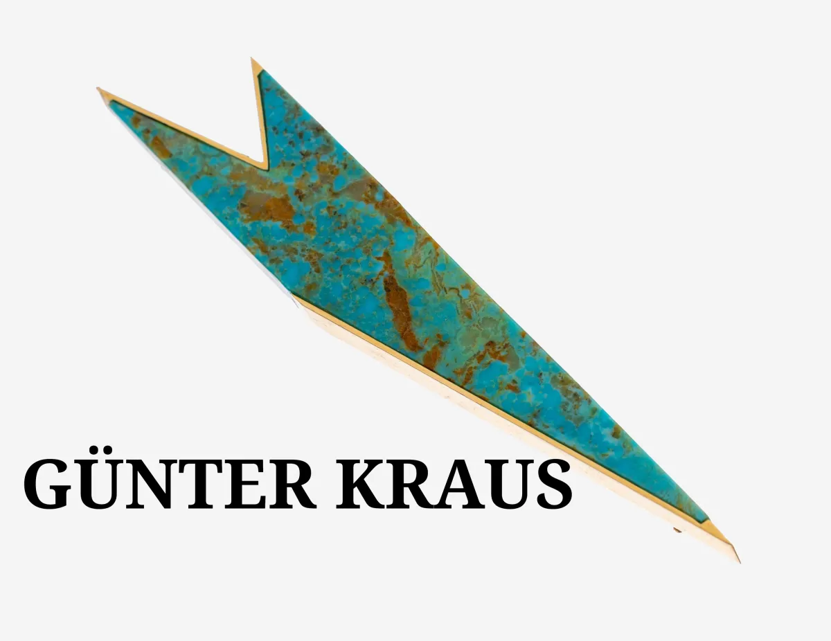18 kt gold designer turquoise brooch, yellow gold 750/000, turquoise matrix fantasy cut
