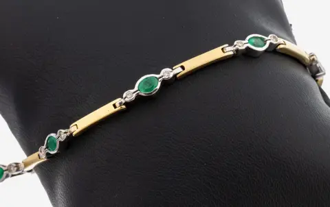 Zlatý náramek 18 kt smaragd-diamant, žluté/bílé zlato 750/000, 7 smaragdových navet, krásná barva