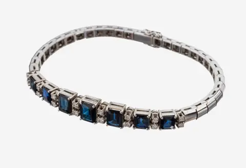 Zlatý náramek 18 kt safír-diamant, 70. léta, bílé zlato 750/000, 7 safírů