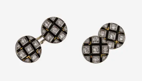 Paire de boutons de manchette diamant en or 18 kt, or blanc/or jaune 750/000, ronds, grille en or jaune