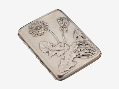 Étui à cigarettes Art nouveau, allemand vers 1900, argent 800, couvercle à motif floral d'époque