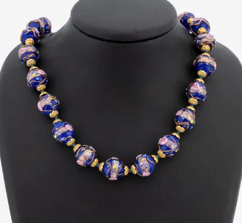 Collier en verre de Murano, Italie, années 1930, perles de verre bleu roi, diamètre env. 14,5 mm