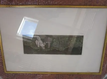 1 obraz v rámu se sklem a širokým paspartem, motiv: žena obklopená přírodou, cca 53 x 35,50 cm