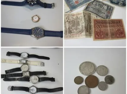 3 watches, 1 pocket knife, 1 watch, 17 banknotes of various origins, 7 wristwatches, Spanish coins, coins from Austria, Switzerland and Portugal, Yugoslav coins, silver coins, 1 golden pfennig