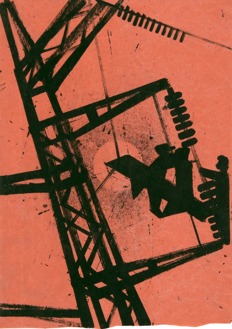 Glöckner, Hermann – High-voltage pylon before sun and two workers