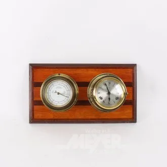 Schiffsuhr u. Barometer, auf Holztafel montiert