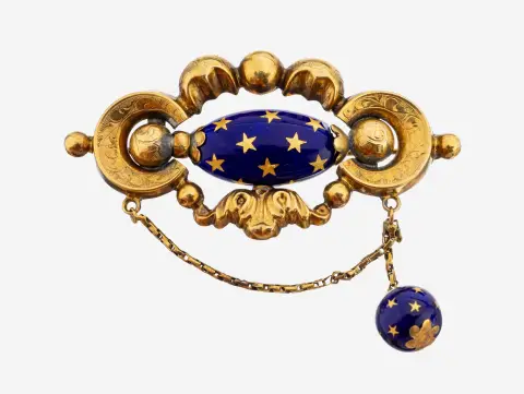 Biedermeier smaltovaná brož ze zlata 14 kt, kolem 1850, žluté zlato 585/000 punované, pěnové zlato, povrch