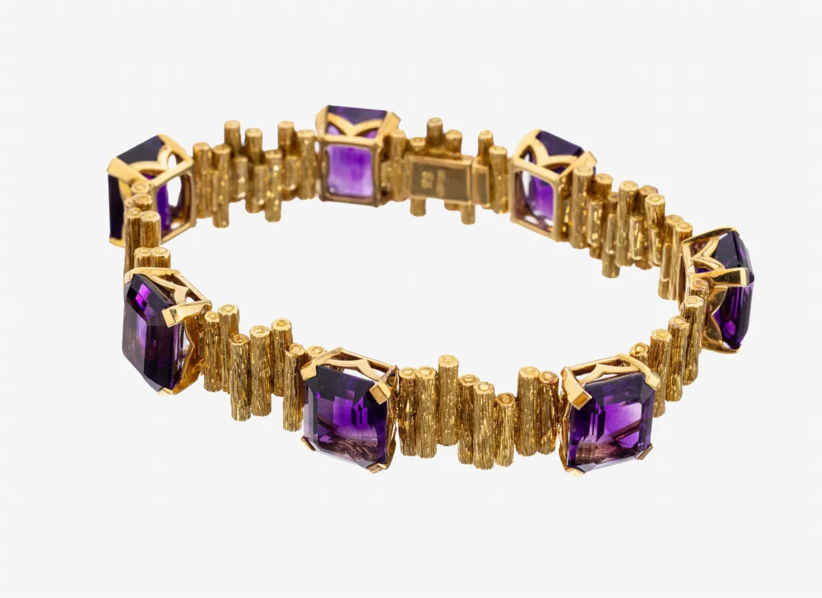 18 kt gold RENE KERN amethyst bracelet, 1970s, 750/000 gold, abstract design