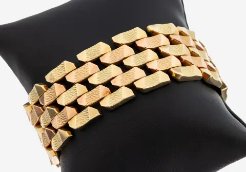 Zlatý náramek 14 kt, 60. léta, bílé/růžové zlato 585/000, cihlový vzor, články částečně strukturované
