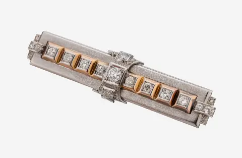 Zlatá brož s diamantem 14 kt, 30. léta, bílé/růžové zlato 585/000, neobvyklý geometrický tvar