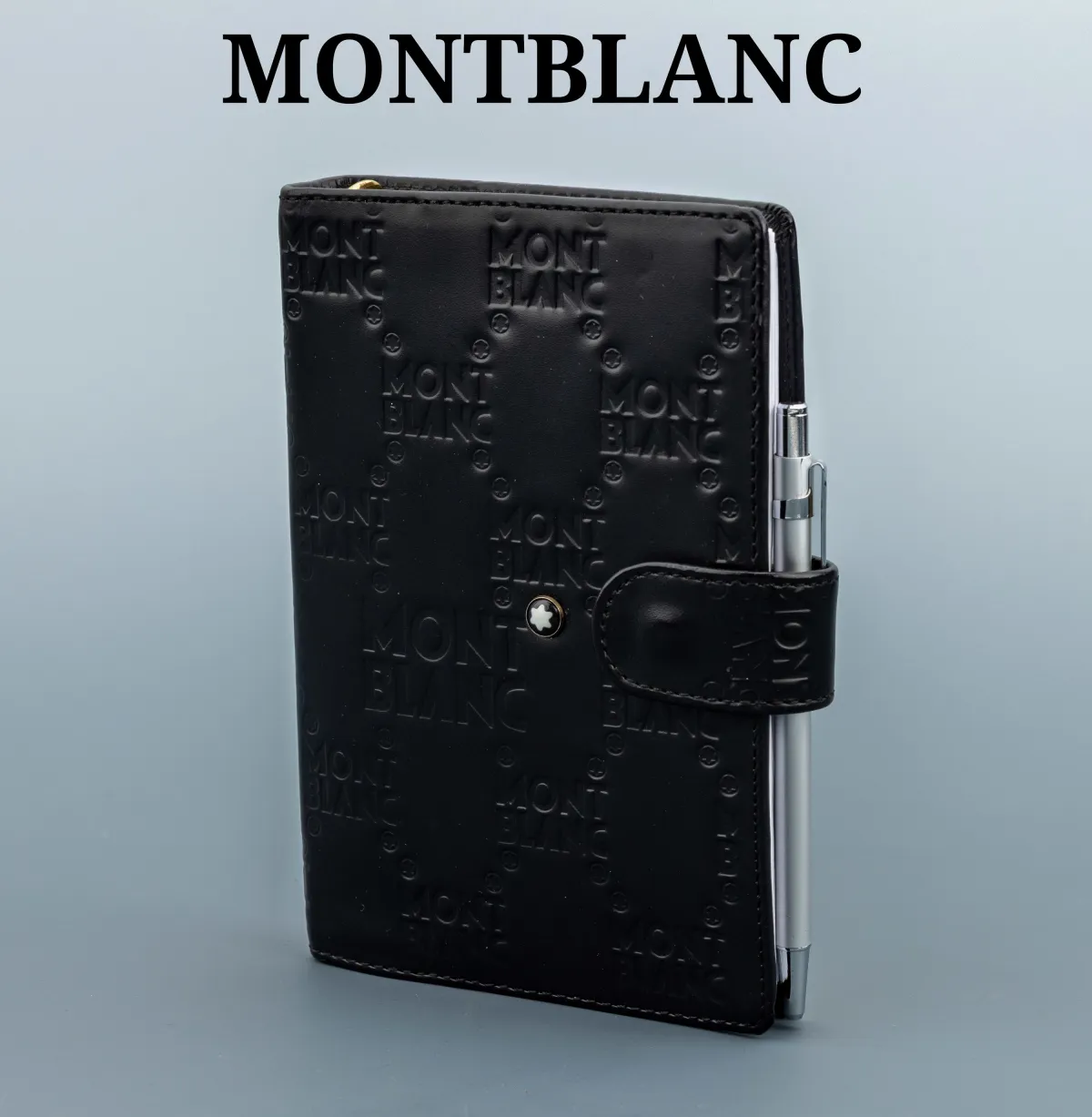 Organiseur MONTBLANC, similicuir noir avec plusieurs empreintes MONTBLANC, intérieur