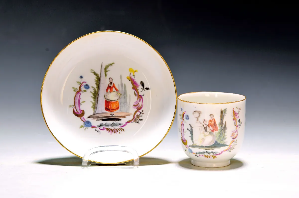 Cup and saucer, Meissen, circa 1750/60, porcelain, gallant couple in park landscape