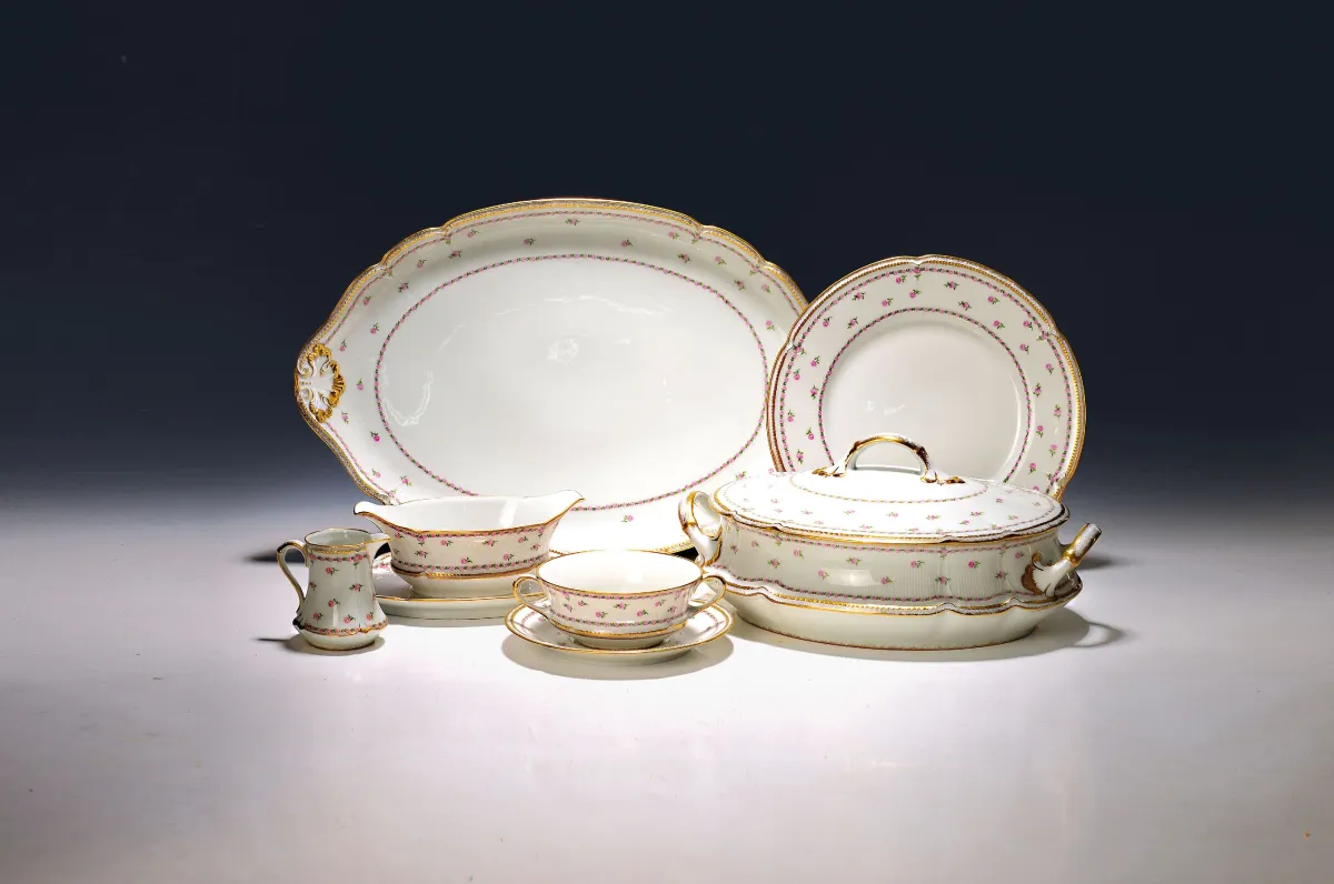 Dinner service, Royal Limoges, 20th c., porcelain, rose decor, 12 soup cups, 12