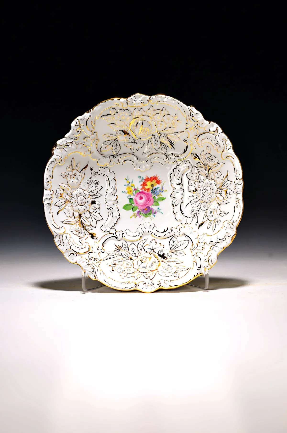Ornate plate, Meissen, after 1945, 2nd choice, porcelain, rich gilded relief decoration
