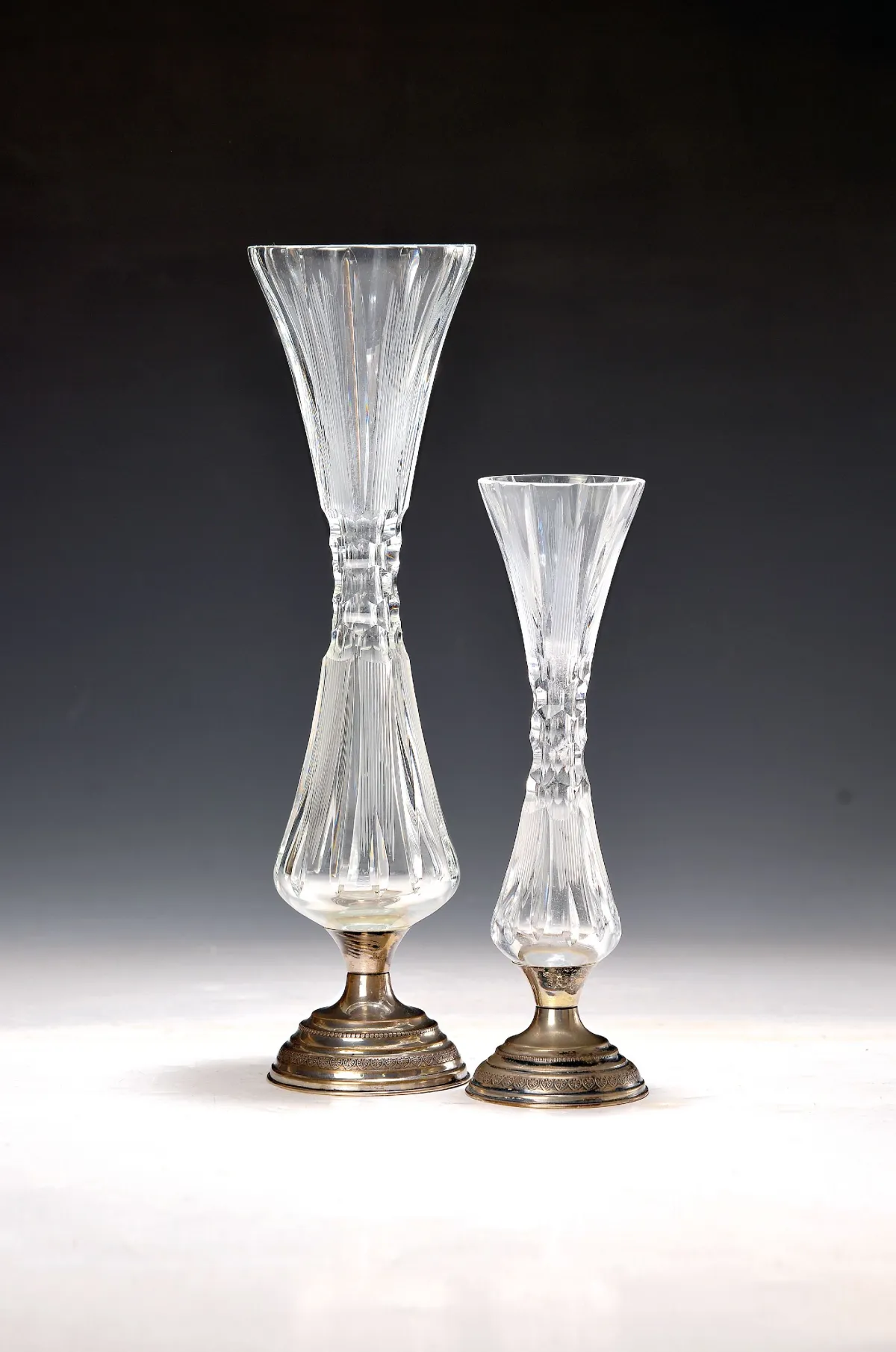 2 vases with silver mount, Italy, after 1968, foot mount in 800 silver (filled)