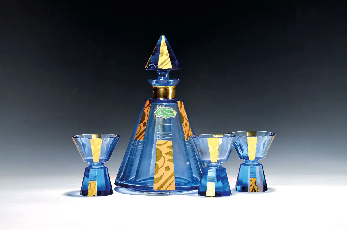 Art-Deco Likörservice, Emil Eschler, um 1930, Karaffe mit 6 Gläsern, blaues