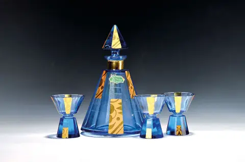Service à liqueur Art déco, Emil Eschler, vers 1930, carafe avec 6 verres, bleu