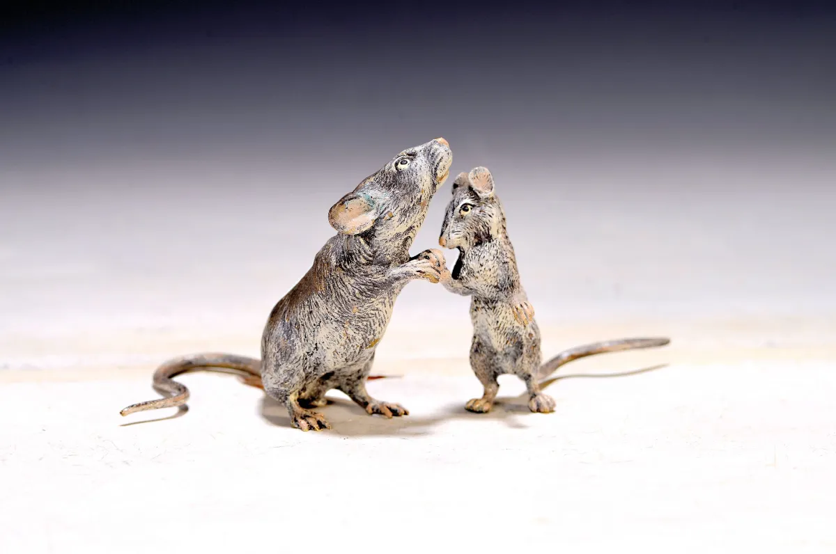 Deux rats, bronze viennois, signé Bergmann, polychrome, env. 6x12 cm
