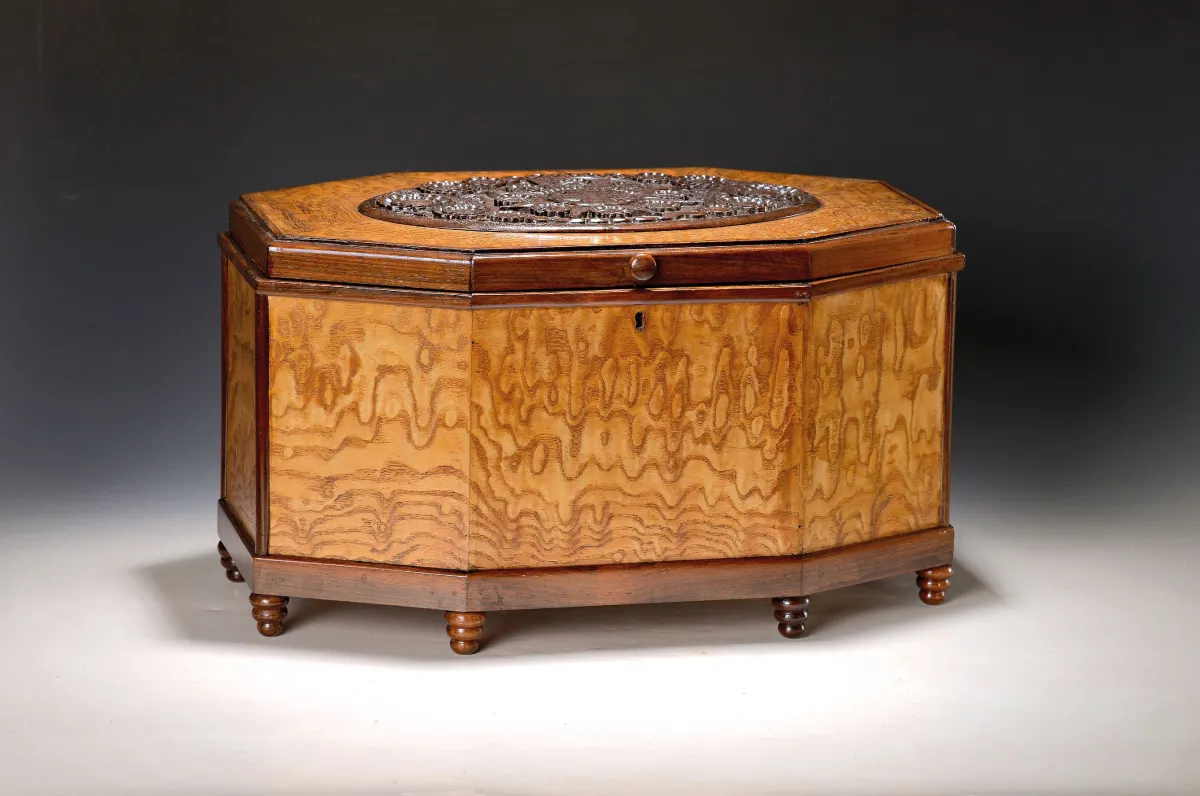 Art Deco chest, 1920s/30s, octagonal shape, on turned legs, ash veneer and