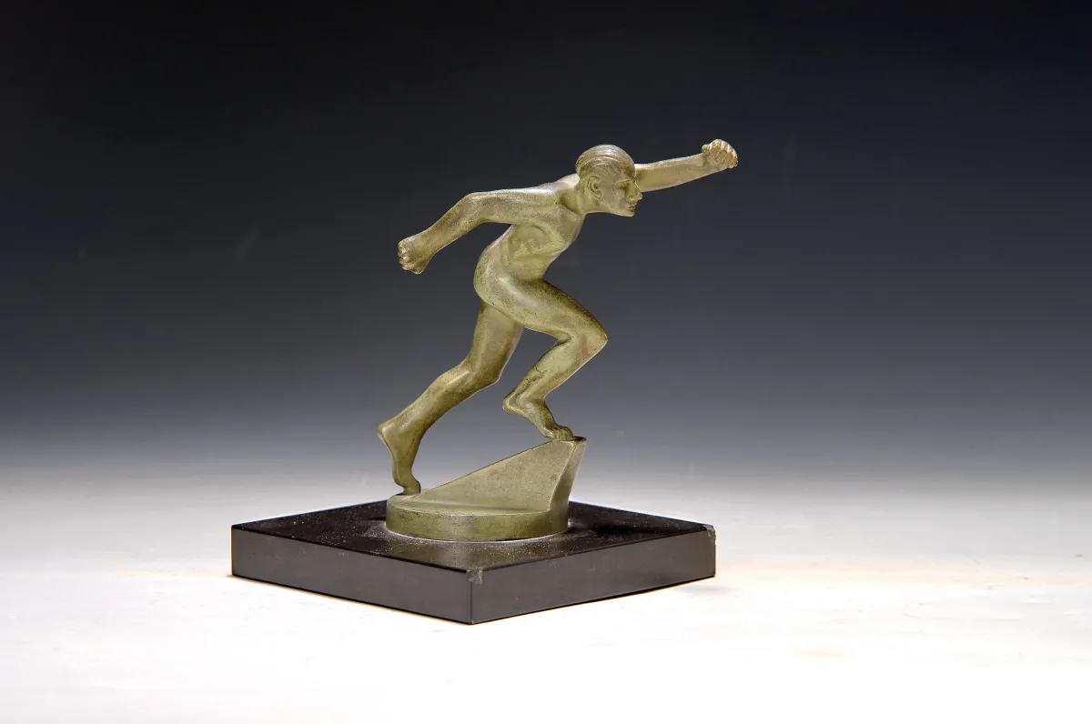 Bizette Lindet, bronze figure, Art Deco runner, on base, signed and inscribed