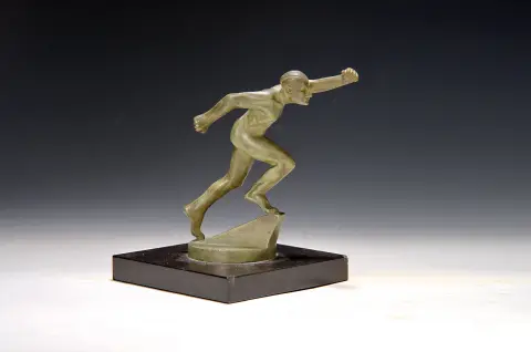 Bizette Lindet, figurine en bronze, coureur Art déco, sur socle, signée et désignée