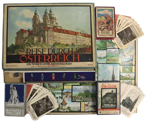 Jeu de société, "Voyage à travers l'Autriche", Scholz, n° 253, avec figurines en étain