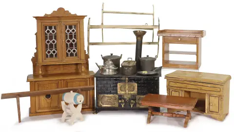 Mooi lot meubels en accessoires voor poppenhuiskeukens