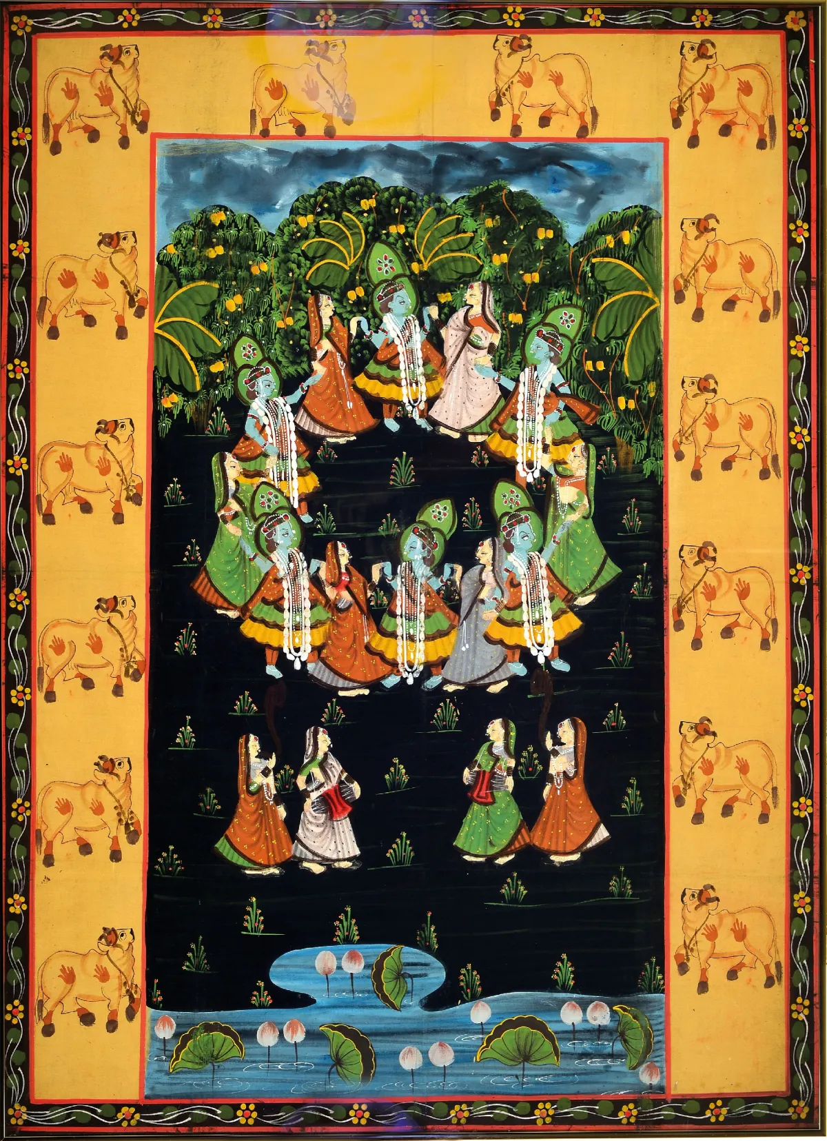 Pichwai, groot schilderij op stof, India, begin 20e eeuw, LLela, goddelijke dans van