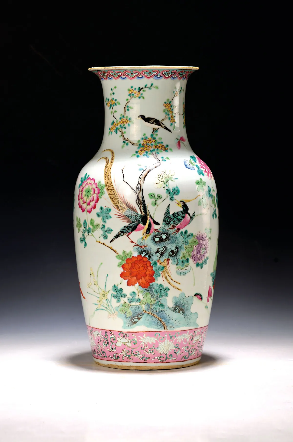 Vase, China, circa 1860/70, porcelain, bird painting, polychrome, painted, interior turquoise blue