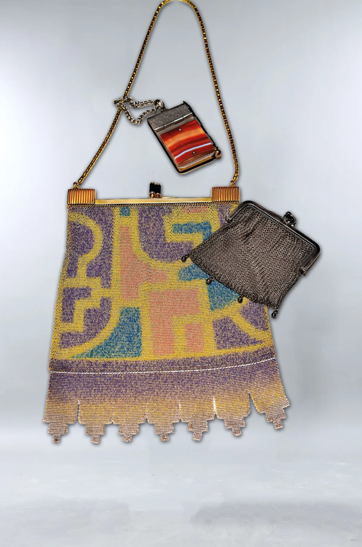 Abendtasche, Geldbeutel und Carnet de Bal, Frankreich, Art-Deco, Abendtasche Messing
