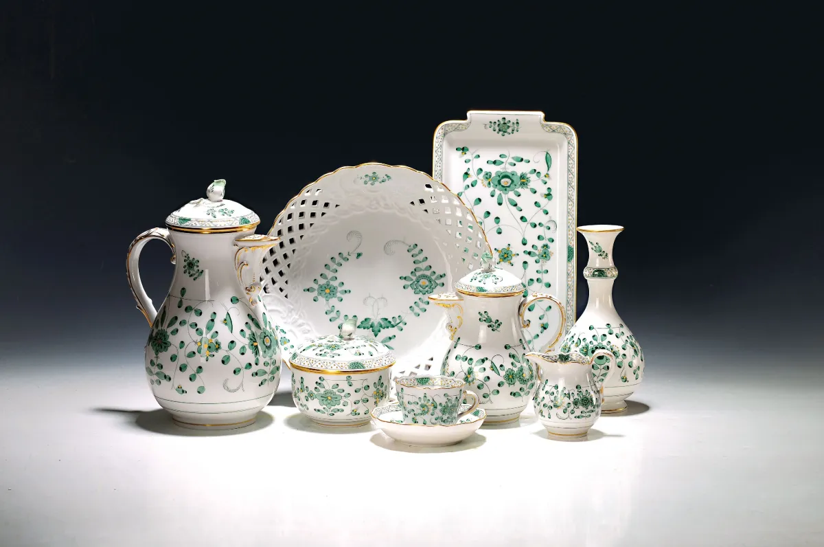 Service à moka/café 30 pièces, peinture indienne en vert, Meissen, 20e s., quelques pièces 2