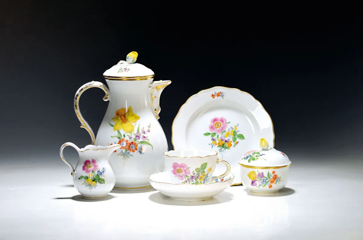 Kaffeeservice für 4 Personen, Blumenbukettmalerei, Meissen, nach 1945, 1. Wahl,