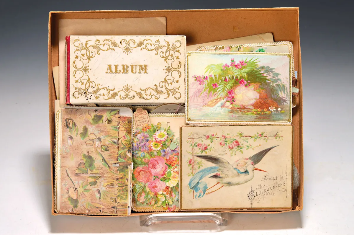 Album Amicorum with collection of congratulatory folding cards, around 1880-1900, German, 14