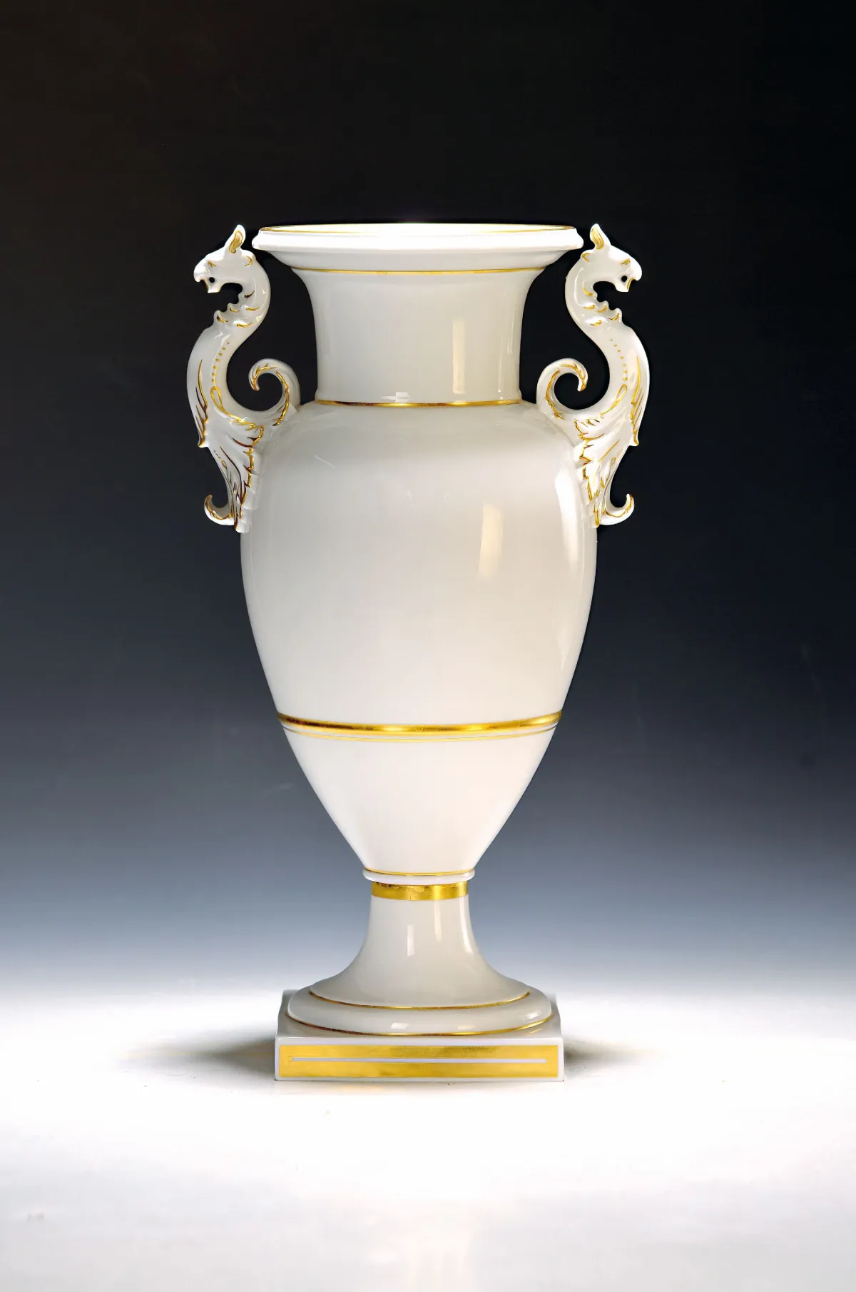 Double-handled vase, KPM, Berlin, after 1945, white porcelain, gold decoration, double handles in