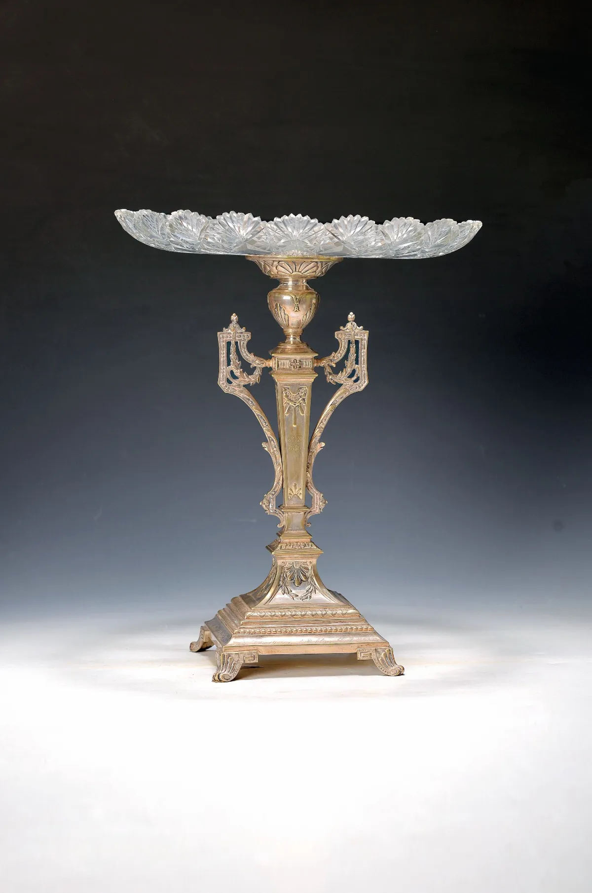 Centerpiece and covered box, German, circa 1900, silver-plated metal, centerpiece with
