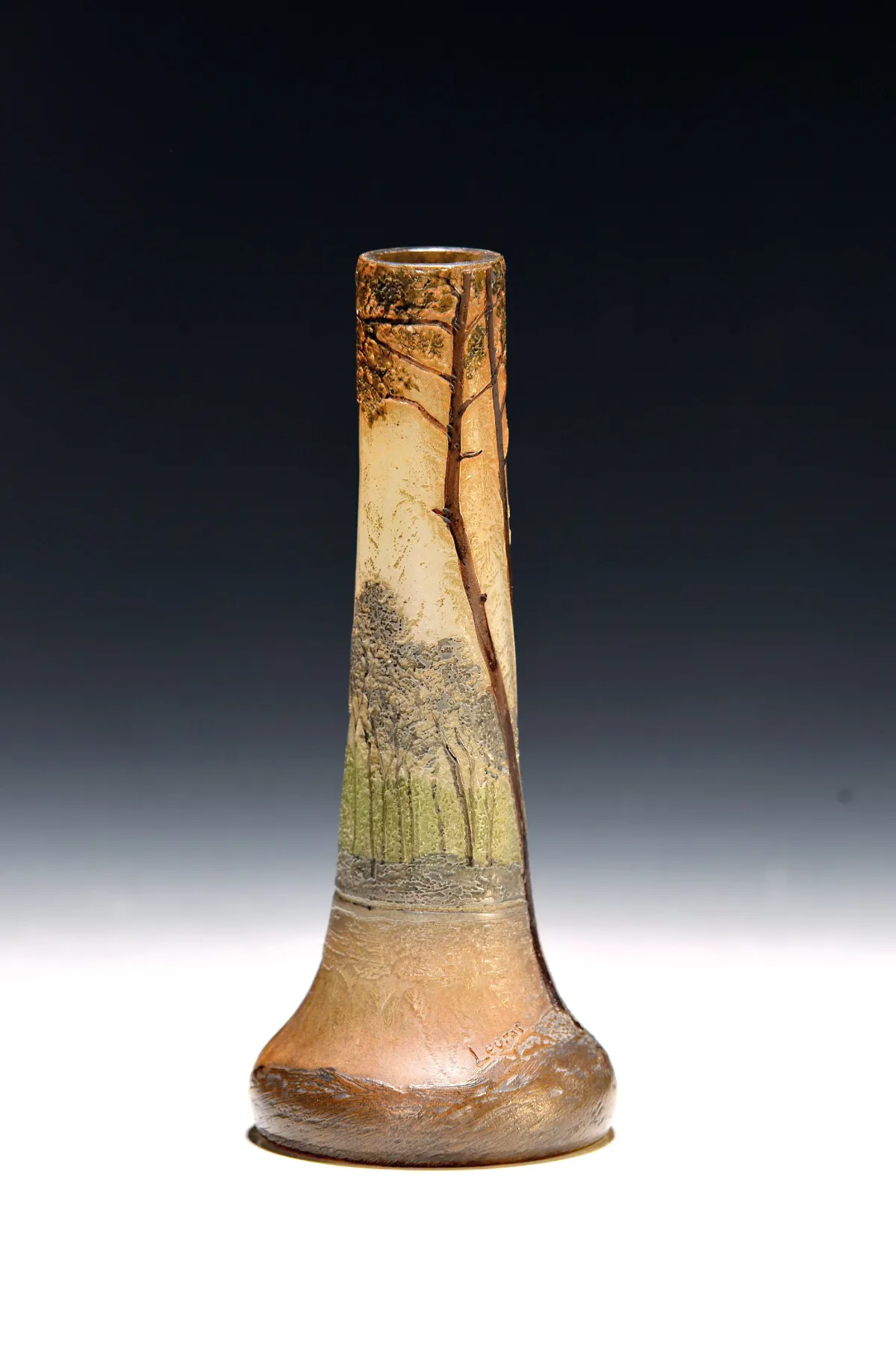 Small long-necked vase, Legras & Cie, around 1900-14, glass, deeply etched cameo decor