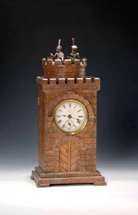 Pendule de table avec mécanisme musical comme réveil, probablement Junghans, vers 1900, boîtier en bois