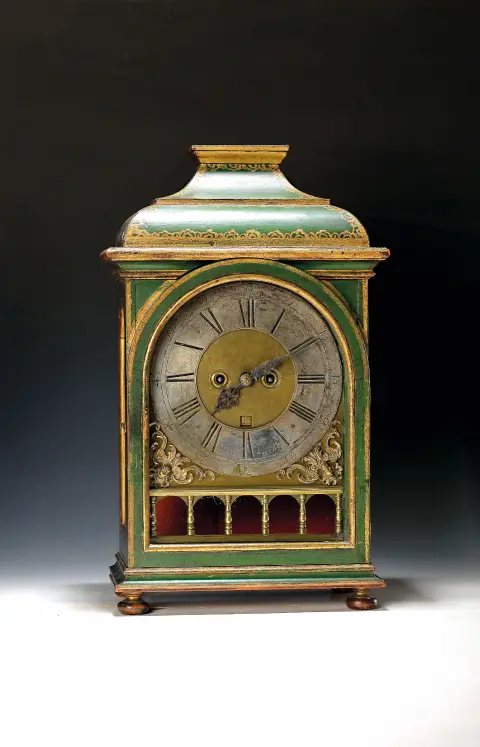 Horloge baroque, Johann Conrad Heise, Kassel, vers 1770, boîtier en bois peint en vert,