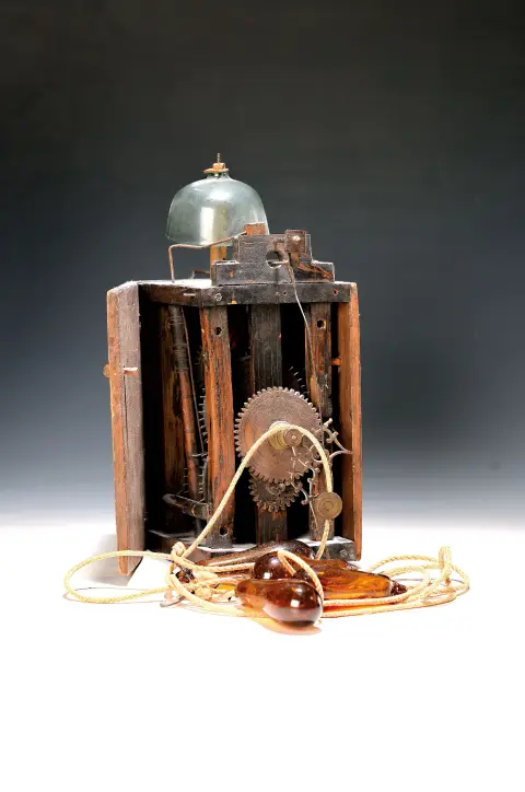 Horloge à roues en bois avec corde, vers 1730, mouvement à platines en bois, échappement en bois, roues en bois,