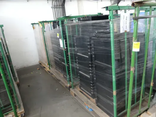 Lot of storage boxes, with 2x storage racks