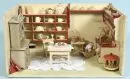 Magasin de poupées – bois, beige et rouge, plusieurs étagères et casiers, avec meubles et nombreux accessoires divers