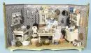 Doll kitchen – wood, white and gold painted, interior wallpapered, several furniture pieces, numerous accessories, 2 dolls