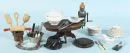 Doll kitchen accessories, approx. 40 pieces – various materials and shapes, incl. porcelain dishes, cutlery, cooking and baking tools, 1 oval table