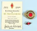 Insignes, 2 pièces et certificat – Insigne sportif du Führer (probablement fabrication pour collectionneurs), insigne d'honneur simple des HJ, certificat pour l'insigne d'honneur en or