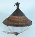African tribal object - Hat – raffia weave with leather trims, conical shape, H= 24 cm, D= 38 cm