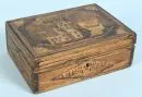Lidded box – wood, straw marquetry, lid with harbour view and sailing ship, 8.5 x 24 x 17 cm, slightly damaged